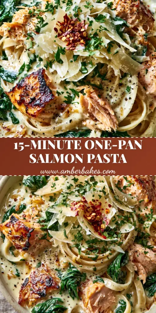 A close-up vertical shot of Spinach Salmon Pasta featuring charred salmon flakes, al dente fettuccine, and glossy cream sauce.