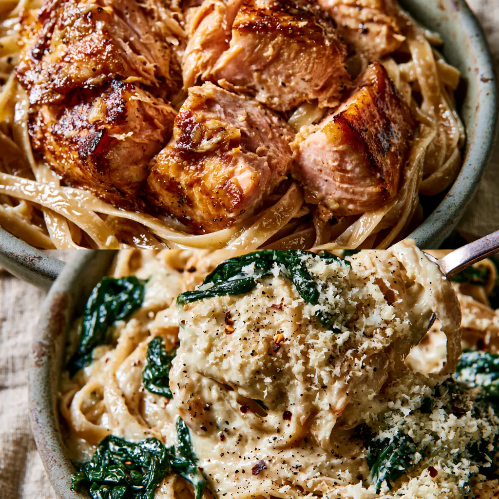Macro shot of a fork lifting fettuccine from a creamy spinach salmon pasta dish showing the thick ivory sauce.