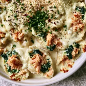Close-up of jumbo pasta shells stuffed with moist Atlantic salmon and spinach in a glossy cream sauce.