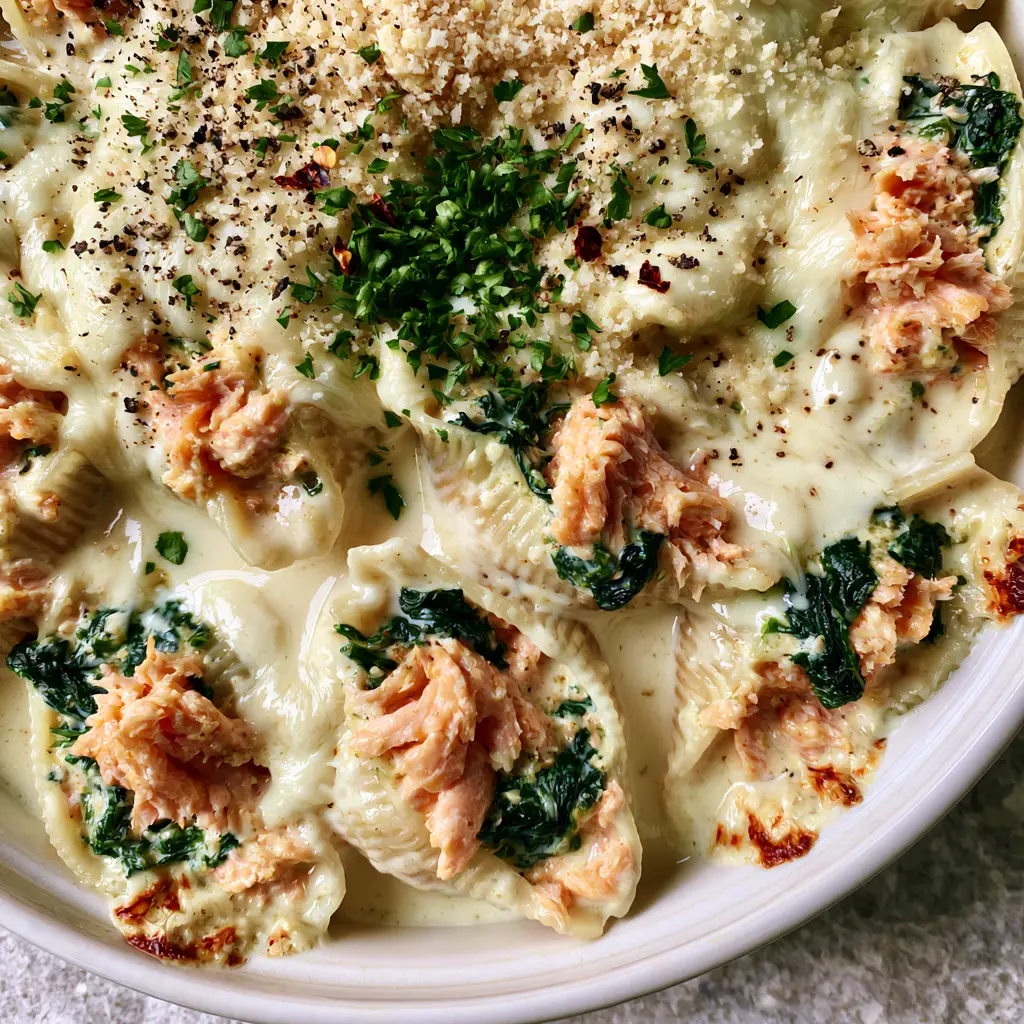 Close-up of jumbo pasta shells stuffed with moist Atlantic salmon and spinach in a glossy cream sauce.
