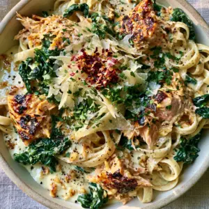 Macro top-down shot of Spinach Salmon Pasta in a rustic ceramic bowl with visible toasted garlic and parmesan shavings.