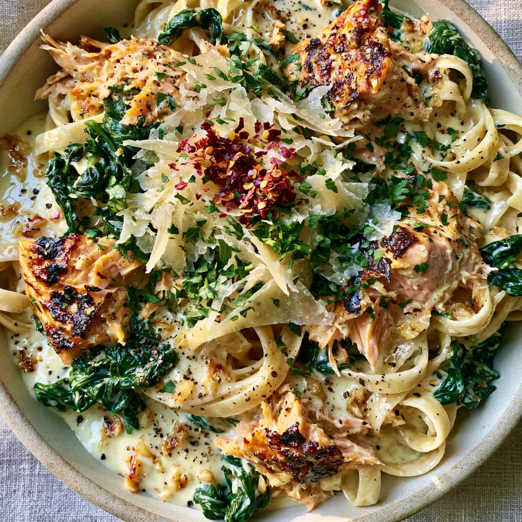 Macro top-down shot of Spinach Salmon Pasta in a rustic ceramic bowl with visible toasted garlic and parmesan shavings.