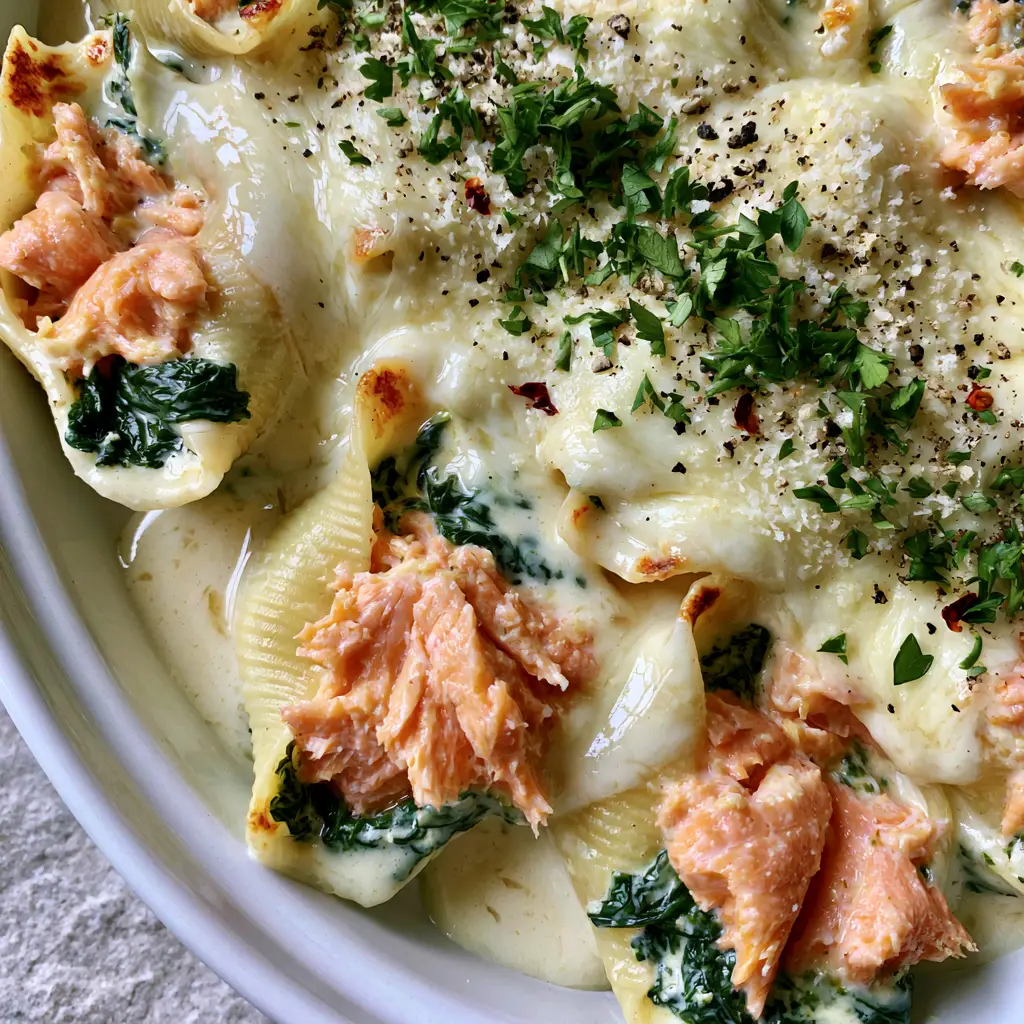 Golden toasted edges on salmon stuffed shells with melted cheese and fresh parsley garnish.
