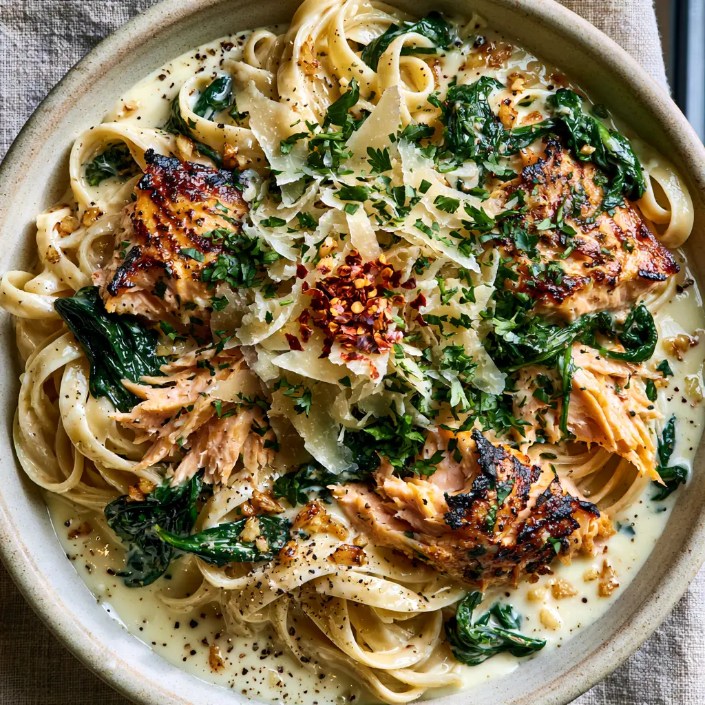 Detail view of pan-seared salmon flakes with charred edges atop fettuccine and lemon-butter sauce.