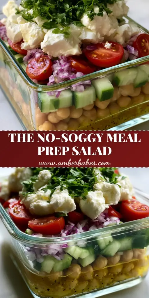 A vertical shot of a Mediterranean chopped salad layered in a glass jar showing lemon herb vinaigrette, chickpeas, cucumbers, tomatoes, and feta cheese.