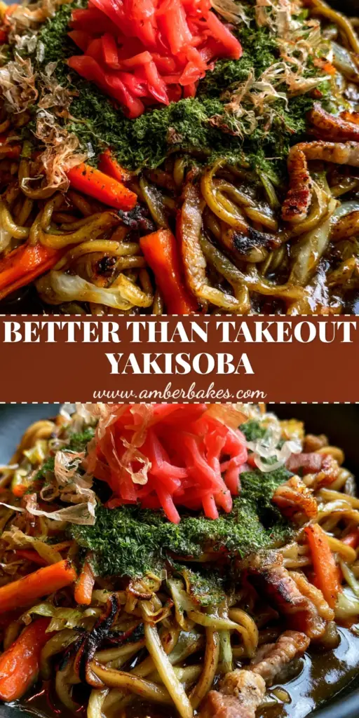 A steaming plate of Japanese Yakisoba with charred wheat noodles, glossy sauce, crispy pork belly, and dancing bonito flakes in a black bowl.
