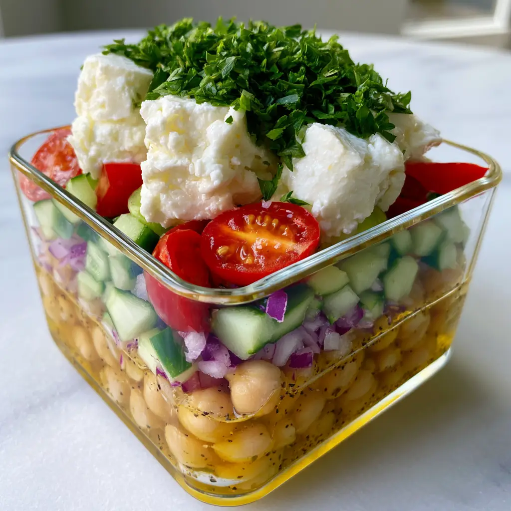 Close up handheld photo of a 10-minute Mediterranean chopped salad in a glass container on a marble countertop.
