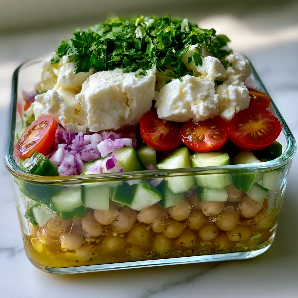 Top down view of a Mediterranean chopped salad showing creamy feta chunks and bright green flat-leaf parsley.