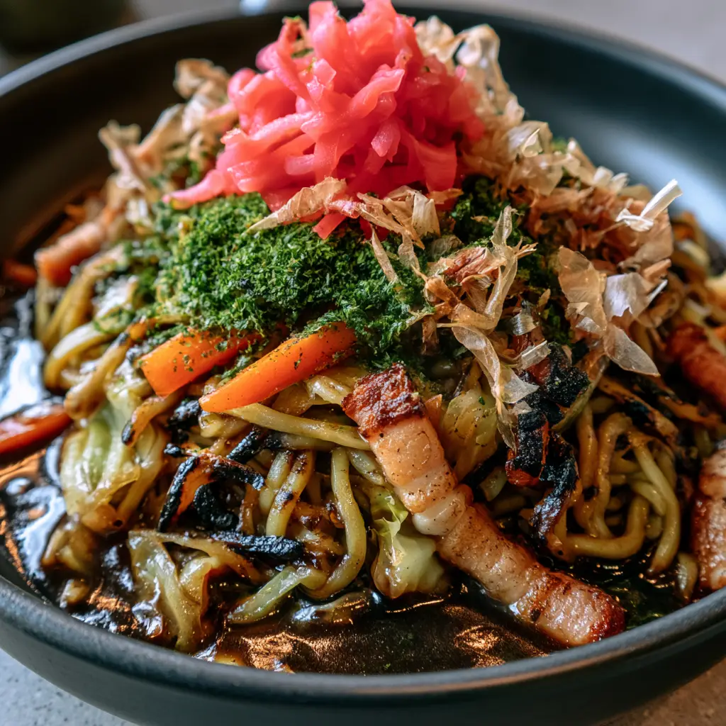 Macro shot of Japanese Yakisoba showing thick wheat noodles with dark char marks and translucent cabbage slivers.