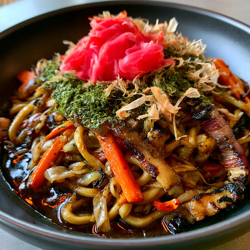 Top-down view of Yakisoba topped with bright pink pickled ginger and curling bonito flakes.