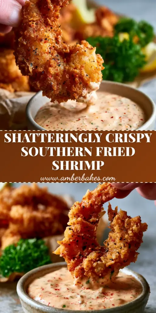 A close-up of crispy Southern Fried Shrimp on brown parchment paper with lemon wedges and orange remoulade sauce.