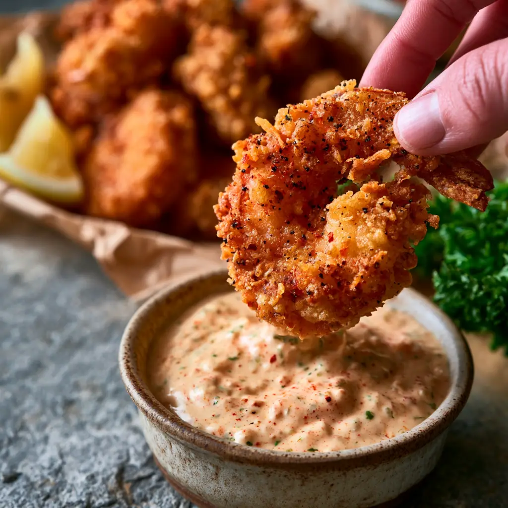 A macro shot of a jumbo butterflied Southern Fried Shrimp being dipped into pale orange remoulade sauce.
