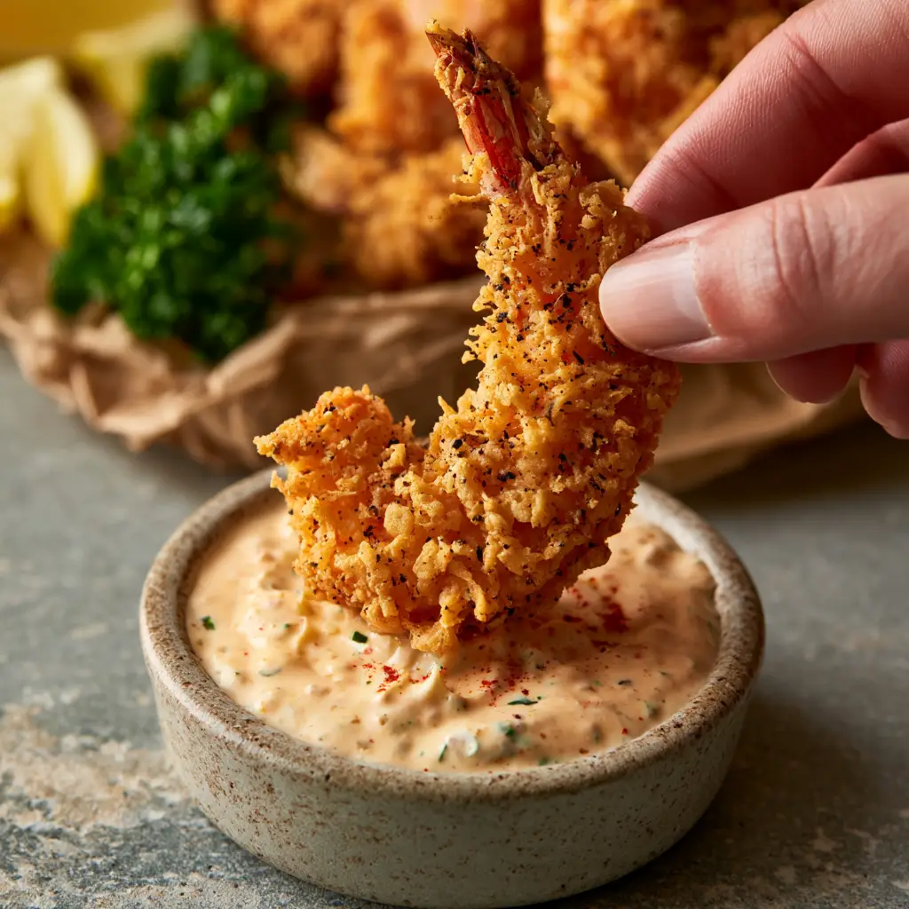 Shatteringly crisp butterflied Southern Fried Shrimp held by hand, showing the detailed craggy crust.