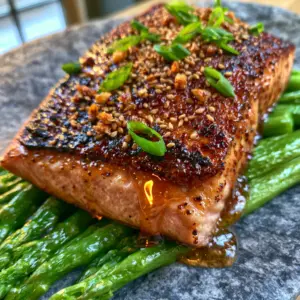 Pan-seared salmon fillet with amber honey garlic glaze and salmon seasoning on charcoal plate. (salmon seasoning)