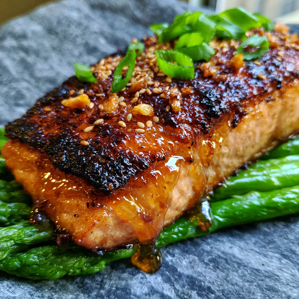 Detailed view of charred caramelized crust and flaky pink interior of glazed salmon. (salmon seasoning)