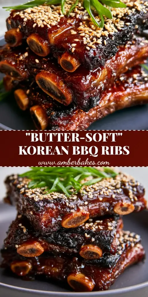 A stack of three glossy Korean BBQ short ribs on a charcoal plate with sesame seeds and scallions.