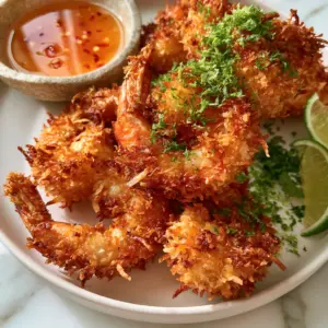 Macro top-down view of jumbo tiger shrimp with a thick, jagged coconut and panko crust. (Coconut shrimp)