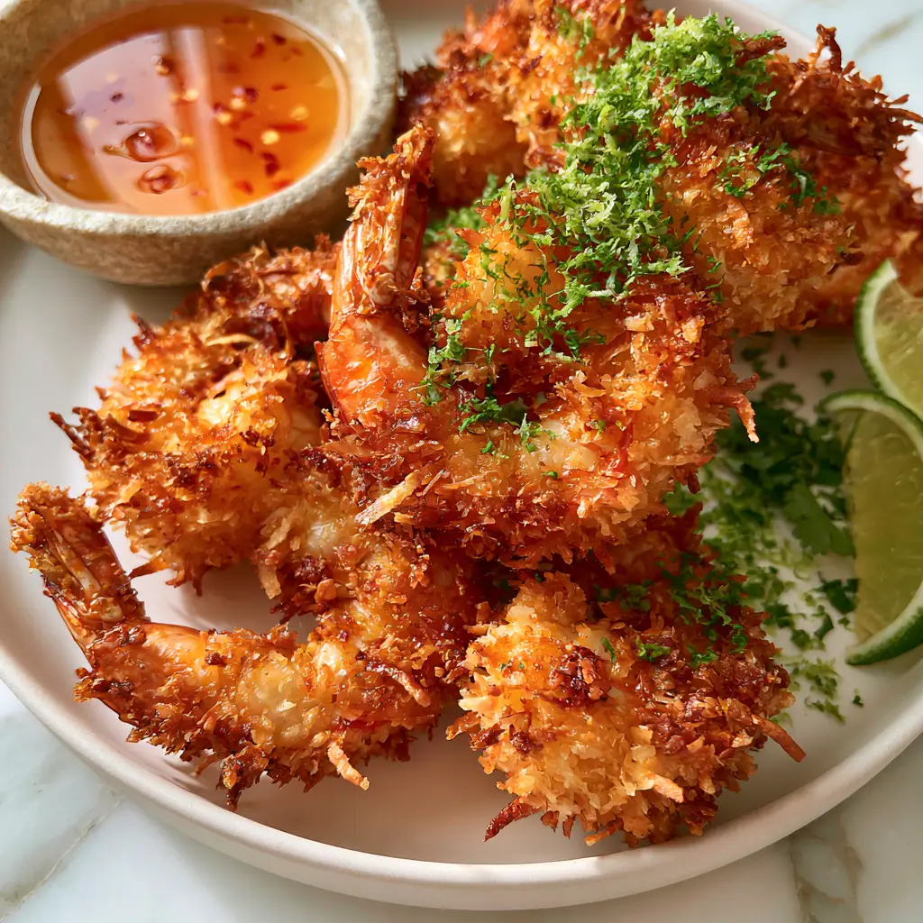 Macro top-down view of jumbo tiger shrimp with a thick, jagged coconut and panko crust. (Coconut shrimp)