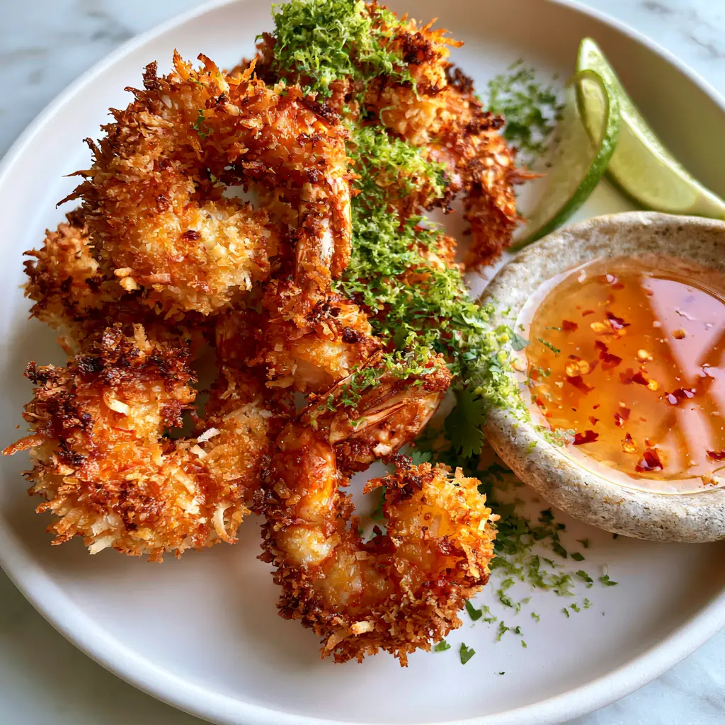 Golden brown Coconut shrimp arranged on a matte white ceramic platter with fresh cilantro and lime zest.