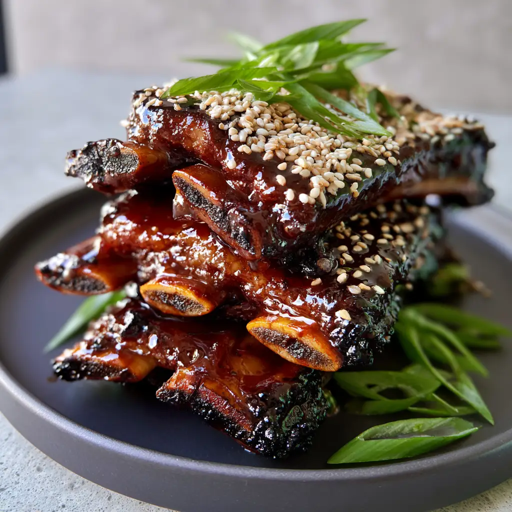 Handheld smartphone photo of Korean BBQ short ribs with a glistening soy-pear glaze on a stone background.