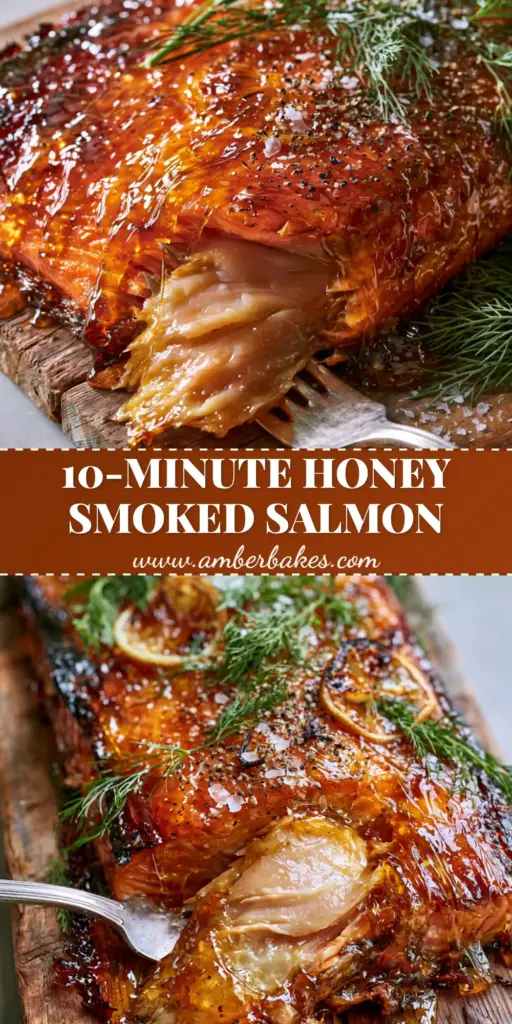 A close-up vertical shot of a honey-glazed smoked salmon fillet with charred lemon and dill. (Smoked salmon recipe)