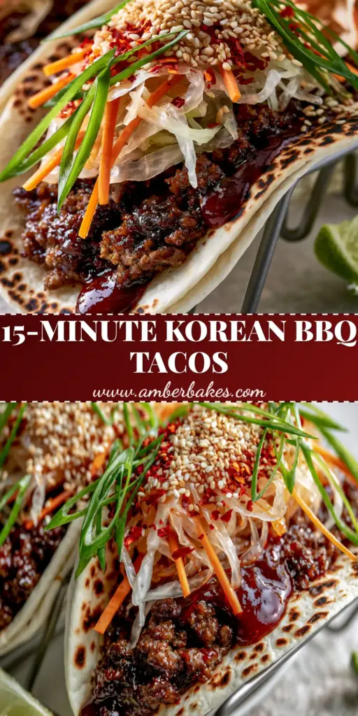 Three Korean BBQ Tacos in a wire rack featuring charred flour tortillas and glistening mahogany gochujang ground beef. (Korean BBQ Tacos)