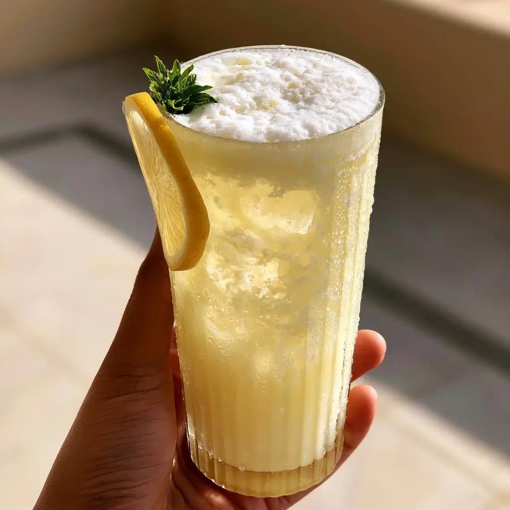 A thick white foam layer on top of a pale yellow Summer drink garnished with a tiny mint sprig and lemon wheel in a tall glass.