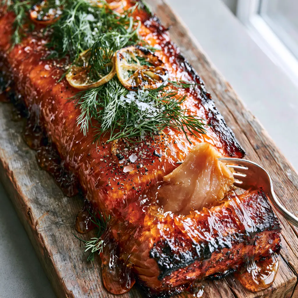 Overhead shot of a thick-cut smoked salmon fillet on a wooden board with honey glaze and fresh dill. (Smoked salmon recipe)
