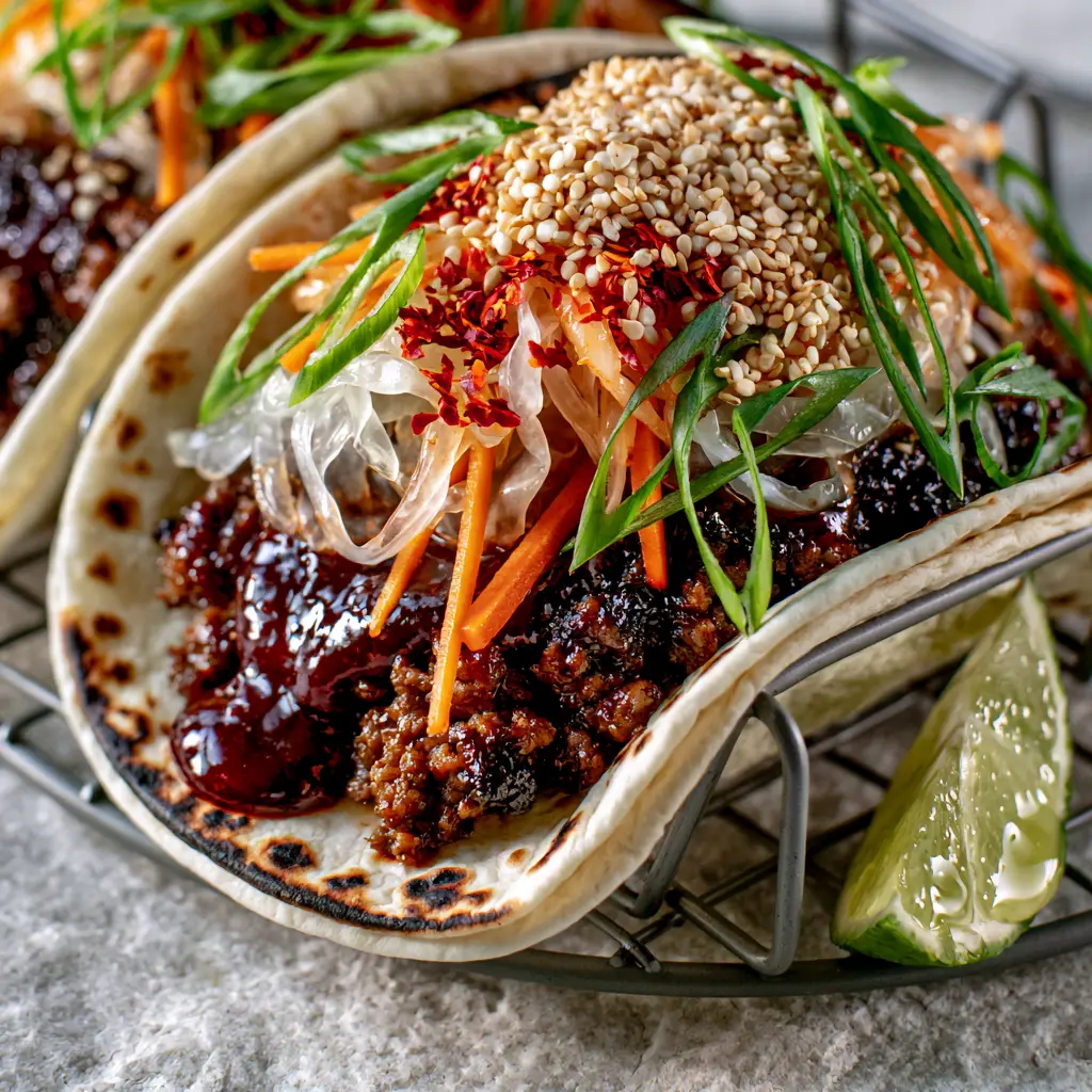 Extreme macro close-up of vibrant Korean BBQ Tacos with mahogany gochujang glaze and charred flour tortillas. (Korean BBQ Tacos)