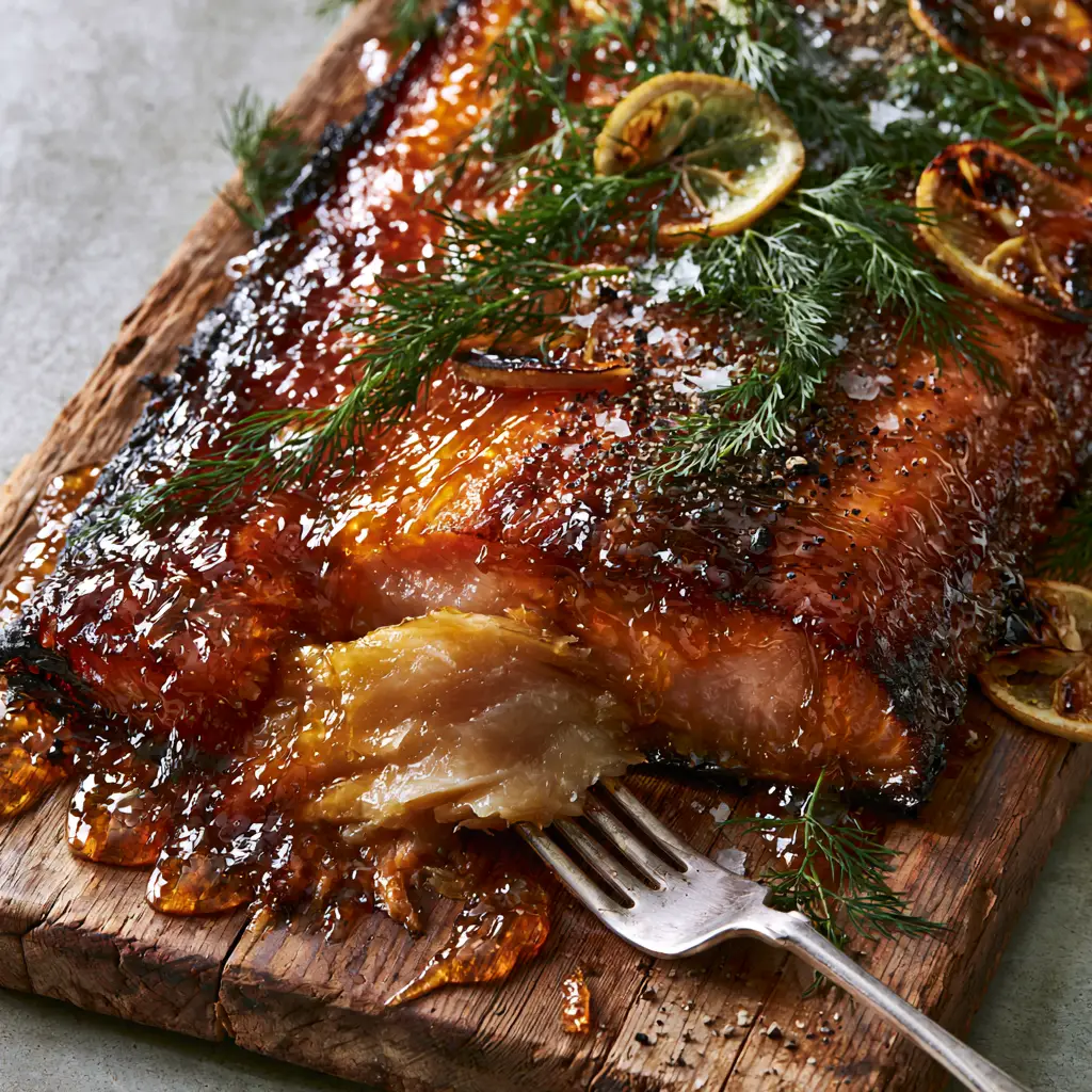 A silver fork pulling a moist, buttery flake from a honey-glazed smoked salmon fillet with charred edges.