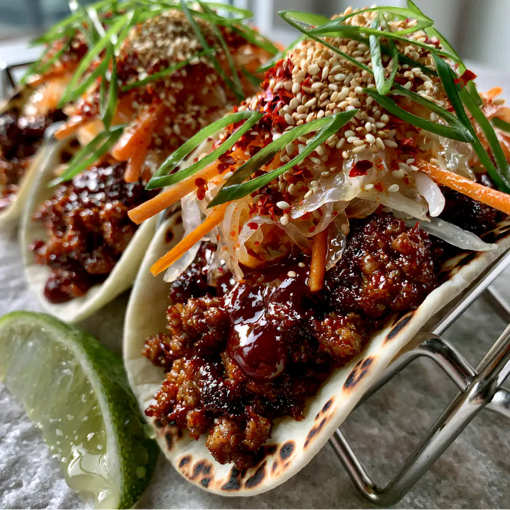 Close up of Korean BBQ Tacos topped with shredded cabbage kimchi, carrot matchsticks, and sesame seeds.