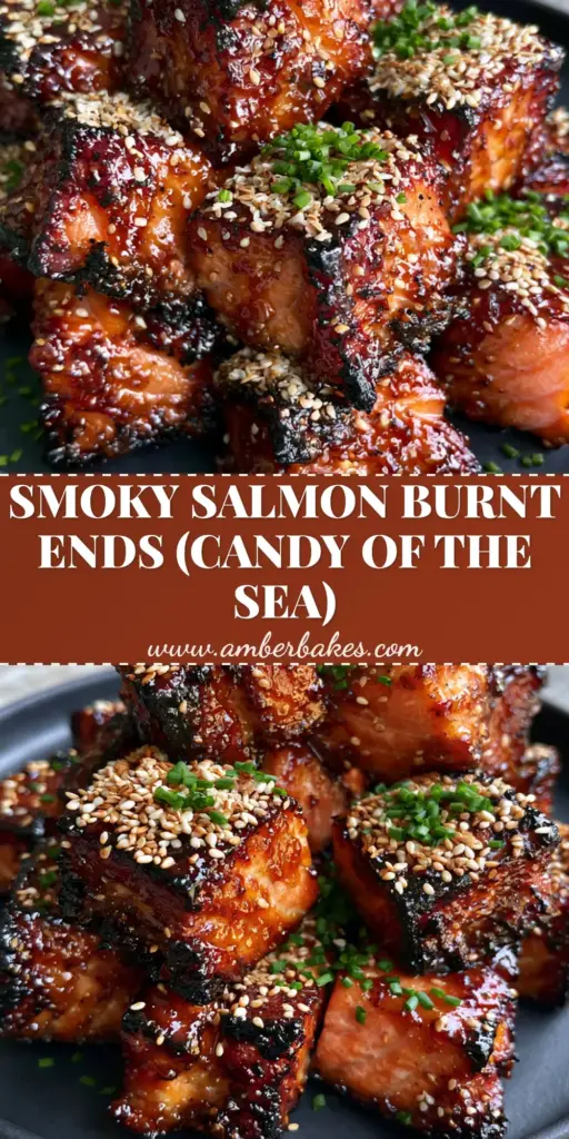 A top-down view of glistening smoked salmon burnt ends with a sticky amber glaze and charred edges on a black platter. (smoked salmon burnt ends)