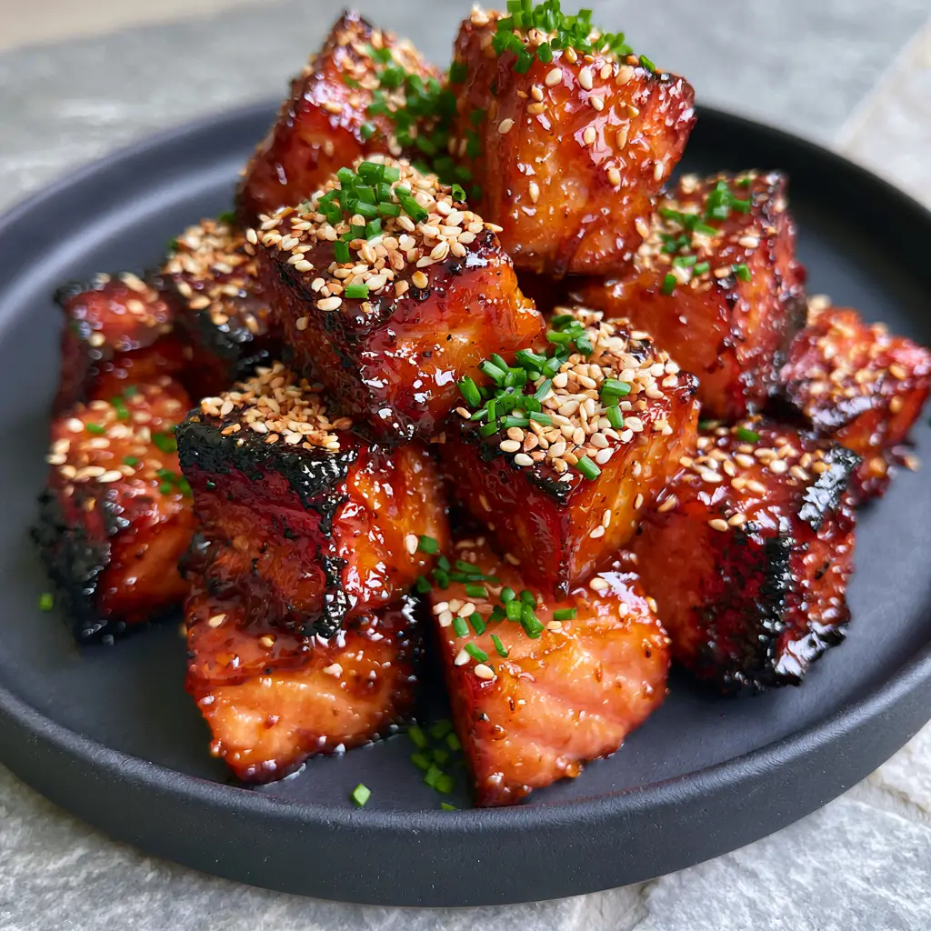 A close-up pile of charred smoked salmon burnt ends garnished with sesame seeds and chives. (smoked salmon burnt ends)