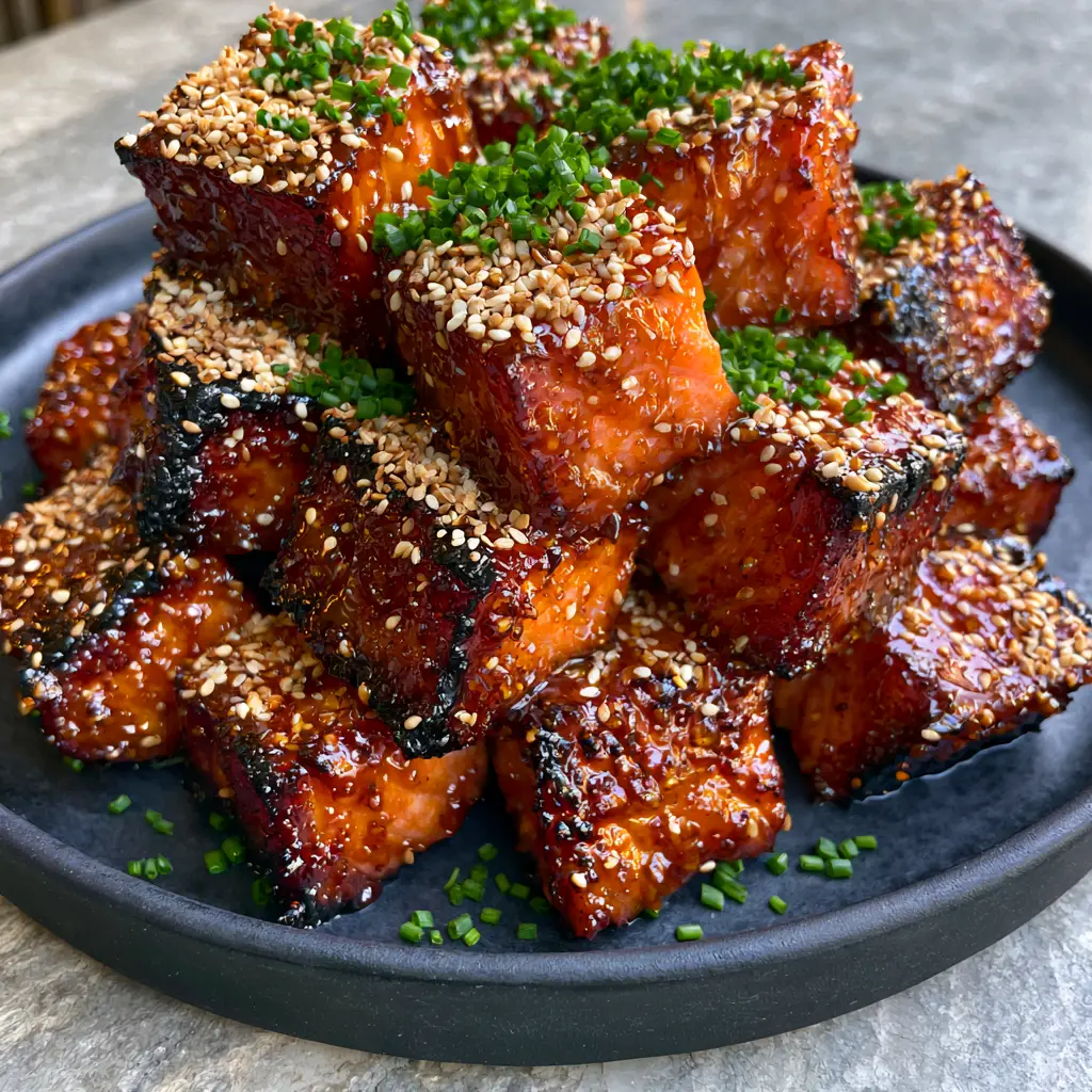 Smoked salmon burnt ends with a thick honey maple glaze catching the light on a stone background.