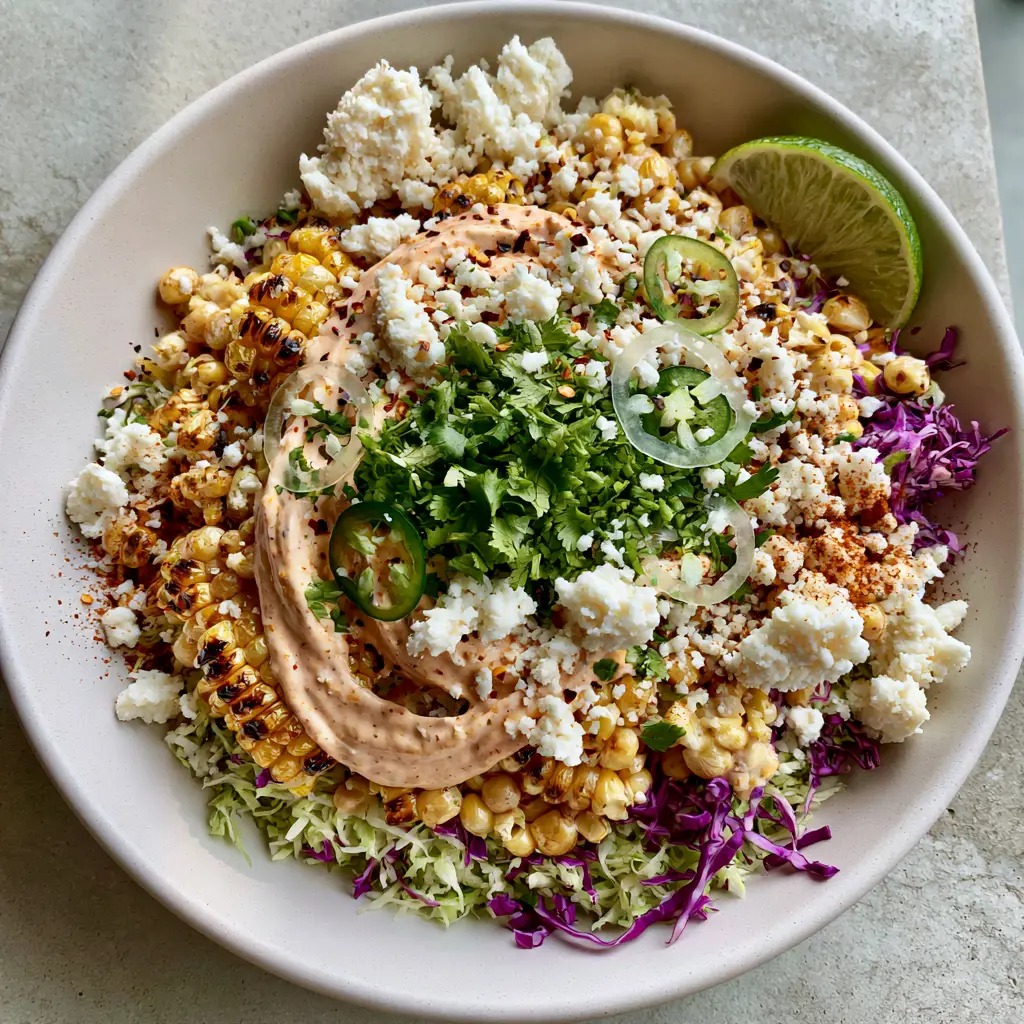 Spicy Corn Slaw with Fire-Roasted Corn and Chipotle Lime Crema 2 Close-up of charred corn kernels and shredded purple cabbage in a spicy corn slaw. (spicy corn slaw)