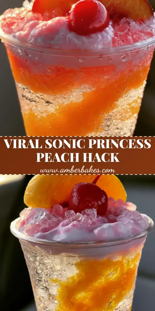 A tall clear cup of the Sonic Princess Peach Drink with layered orange puree, clear soda, and pink cream foam on nugget ice. (Sonic Princess Peach Drink)