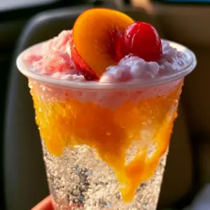 A handheld smartphone photo of a tall clear plastic cup with layers of clear soda, orange peach swirl, and pink cream. (Sonic Princess Peach Drink)
