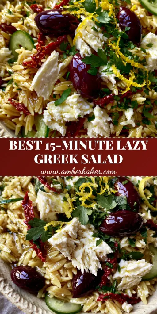A vibrant Mediterranean Orzo Salad in a cream ceramic bowl featuring feta, olives, and cucumbers under soft morning light.