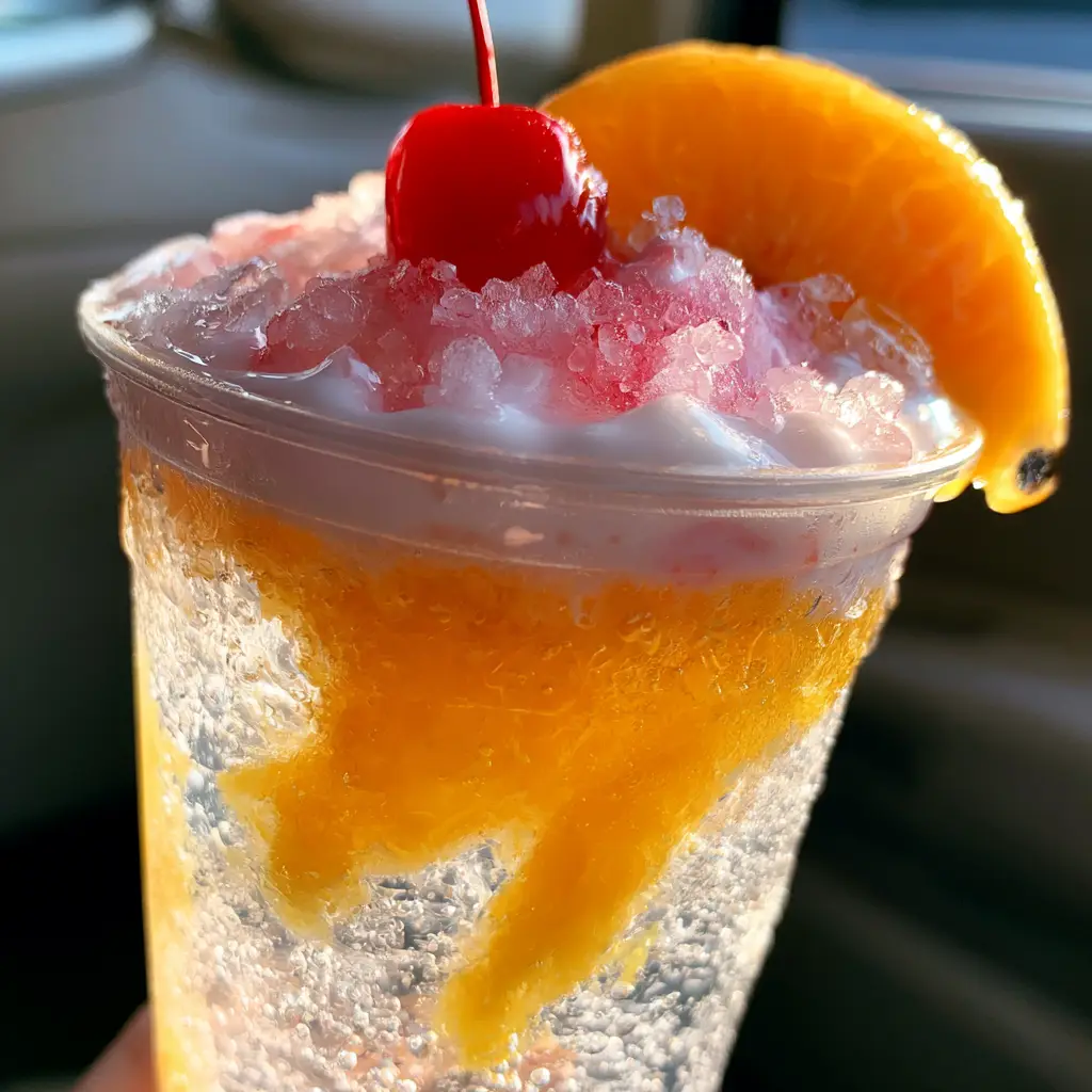 Close up of nugget ice and pink cream foam with a peach slice and maraschino cherry on top.