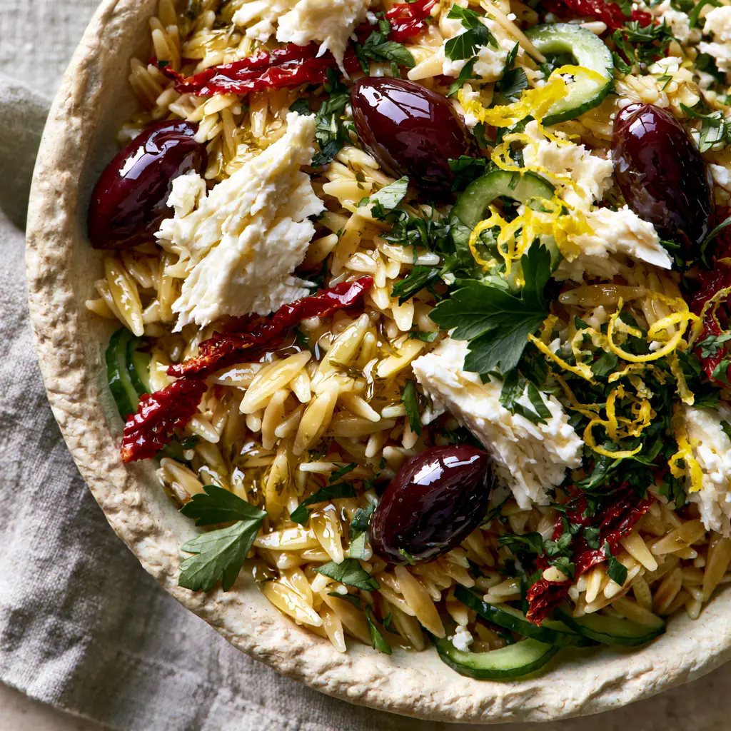 Slightly angled overhead shot of Mediterranean Orzo Salad showing vibrant red sun-dried tomatoes and green cucumber half-moons.