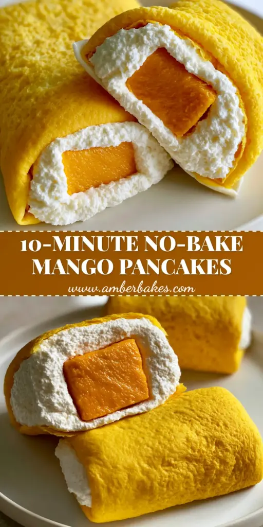 Two rectangular Hong Kong style Mango pancakes on a white plate, one sliced to show thick white cream and a bright orange mango cube.