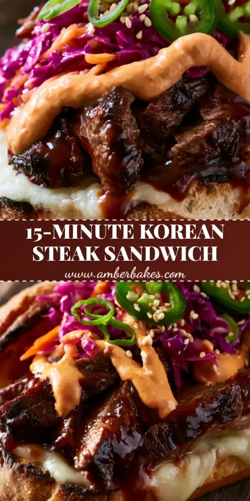 Korean Steak Sandwich with Mahogany Bulgogi Glaze and Gochujang Aioli 4 A close-up of a Korean Steak Sandwich with glazed ribeye, melted cheese, and Gochujang aioli on a baguette.
