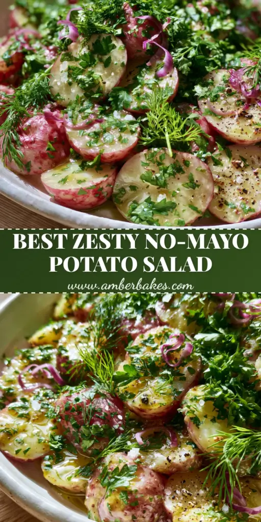 French Potato Salad with Herbed Dijon Vinaigrette and Red Potatoes 4 A top-down Pinterest pin of French Potato Salad in a white bowl, garnished with dill sprigs and purple shallots on a sunny wooden table.