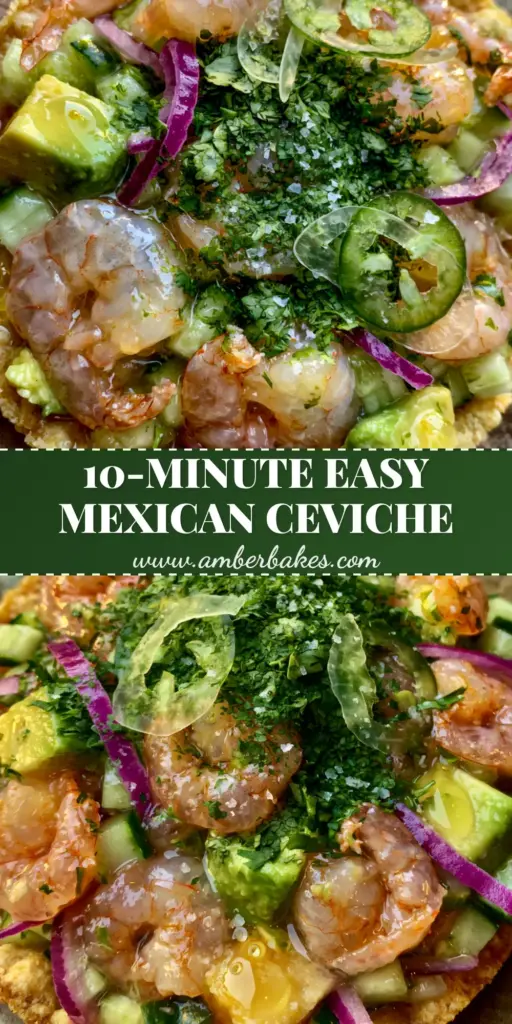 Shrimp Ceviche on Crispy Tostadas: The Ultimate Fresh Mexican Recipe 4 A close-up vertical shot of vibrant Shrimp Ceviche on a golden tostada featuring pink shrimp, avocado, and red onion.