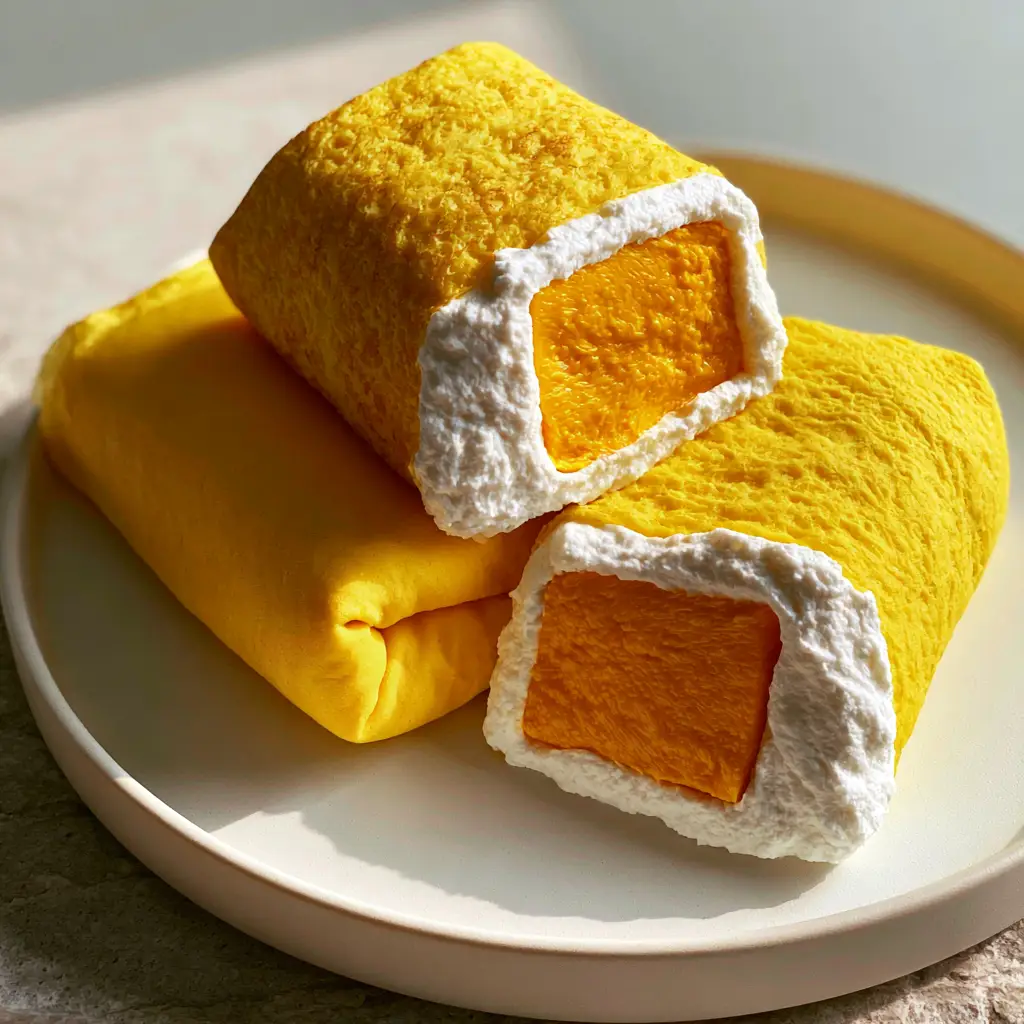 A cross-section of a Mango pancake revealing a dense layer of snowy white cream around a large square mango chunk.